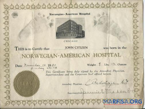Blank Norway Norwegian American hospital birth certificate download for verification